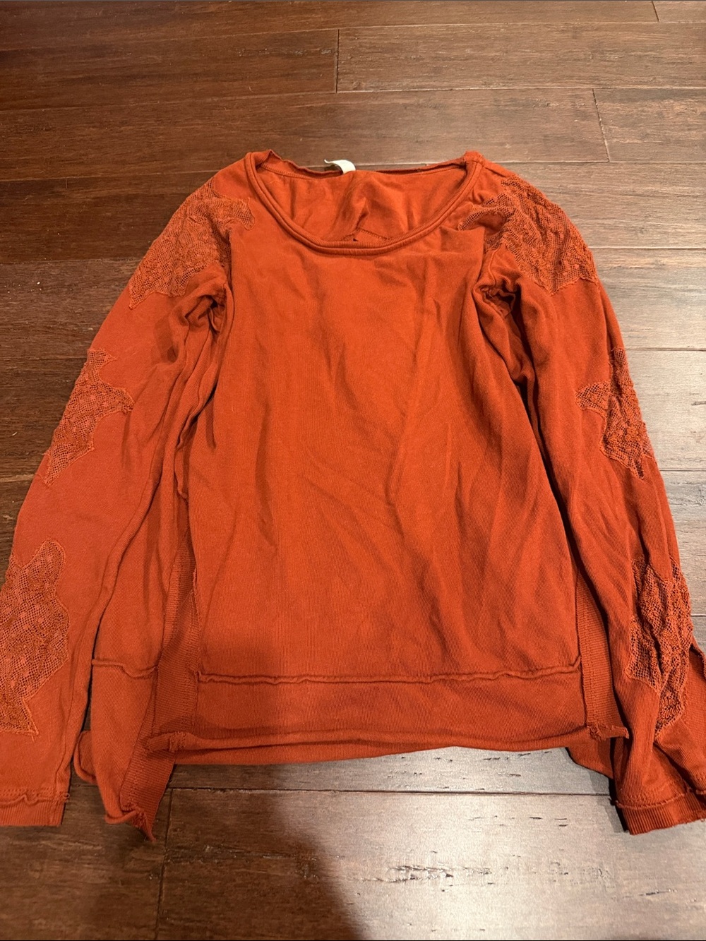 Free People Rust Lace-Accent Long Sleeve Top